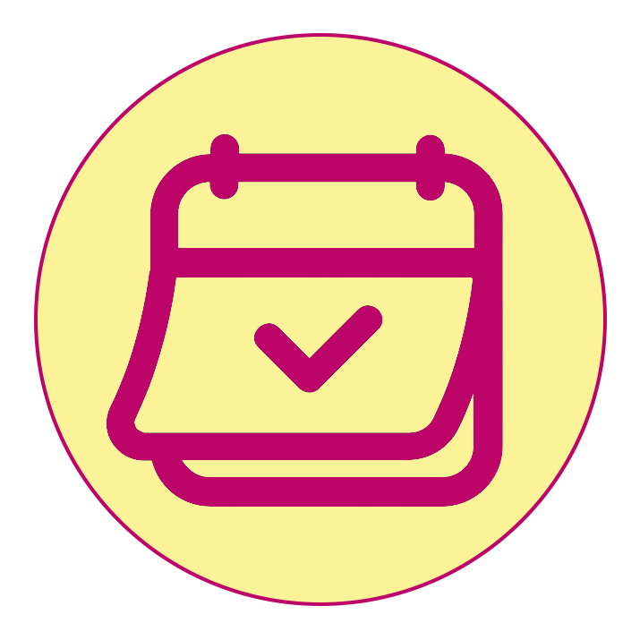 Purple calendar icon with a check mark on a yellow circle background