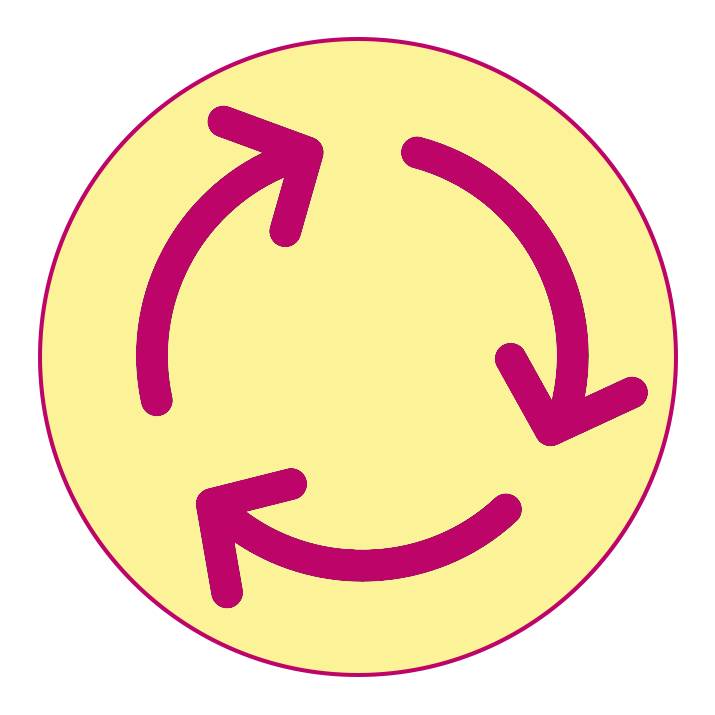 Yellow circle with four pink arrows forming a spiral pattern